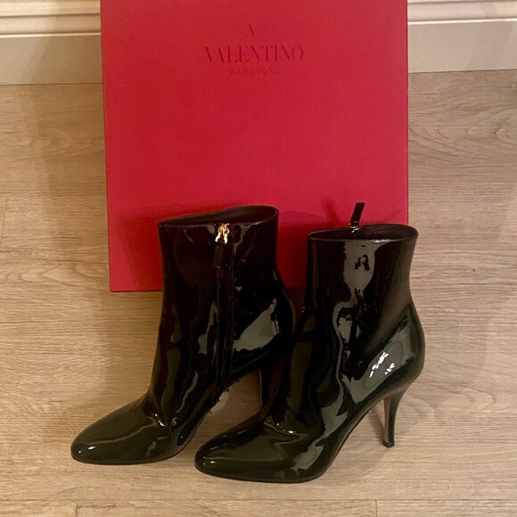 VALENTINO Black Patent Leather Gold Stud Stiletto Booties - Picture 2 of 12